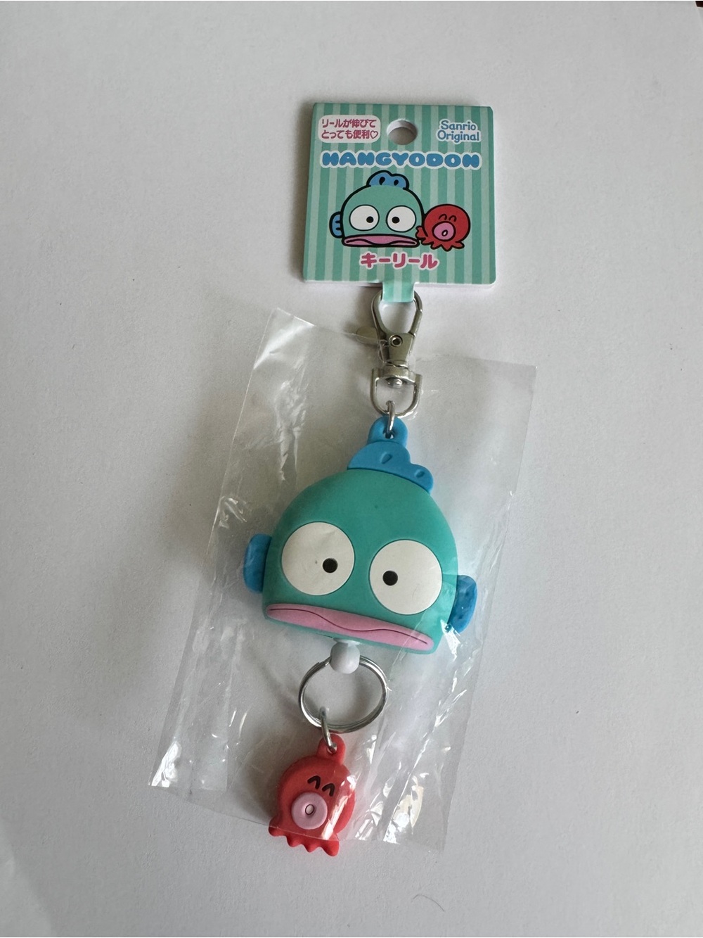 Sanrio Hangyodon Teal and Blue Retractable Keychain with Red Octopus Charm NEW